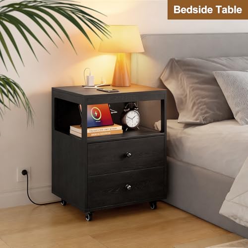 Bedroom Nightstand with Charging Station, Side Table with 2 Drawers,Sofa End Table Living Room with Wheels for Living Room Bedroom Office(Black) - color: [A2] Black