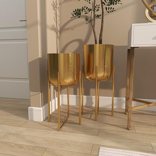 CosmoLiving by Cosmopolitan Metal Dome Planters, Set of 2, 19", 22"H, Gold | Large planter pots with removable plant stand indoor outdoor use, not watertight