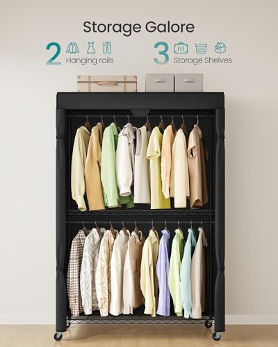 SONGMICS Clothing Rack, Heavy-Duty Garment Rack, Adjustable Storage Shelves | Freestanding Portable Wardrobe Closet, Hanging Rails, Black, DALTEN Collection ULGR415B01 - size: 43.3"W x 78.3"H, style: With Fabric Cover
