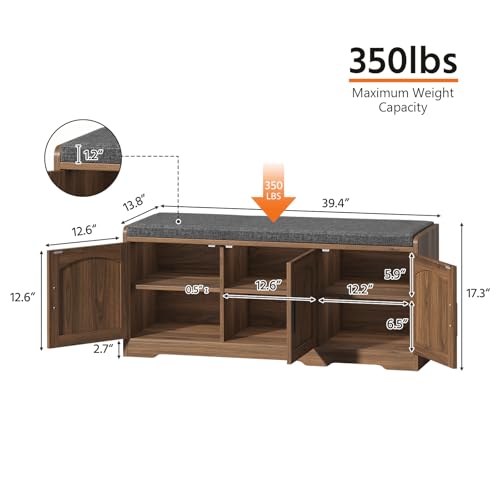 39.4" Shoe Storage Bench with Seating Cushion, Fluted 2-Tier Entryway Bench with 3 Doors & Adjustable Shelves, Shoe Cabinet Bench for Entryway, Hallway, Bedroom and Living Room - color: Walnut