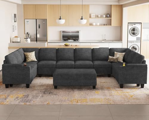 Belffin Oversized U Shaped Modular Sectional Couches for Living Room 10 Seater Modular Sofa Set with Storage Ottoman Large Sectional Couch with Cup Holder. Dark Grey Sofa - color: Dark Grey, size: 10-seater sofa