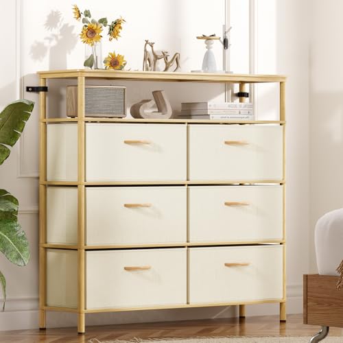 Solid Wood Dresser, Dresser with 6 Drawers, Solid Bamboo Frame Paired with Fabric Storage Boxes, Large Capacity, Stable and Durable, Versatile Style, for Bedrooms, Living Rooms, and Hallways - size: 11.8"D x 39.4"W x 37.8"H (6 Drawers)