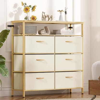 Solid Wood Dresser, Dresser with 6 Drawers, Solid Bamboo Frame Paired with Fabric Storage Boxes, Large Capacity, Stable and Durable, Versatile Style, for Bedrooms, Living Rooms, and Hallways - size: 11.8"D x 39.4"W x 37.8"H (6 Drawers)
