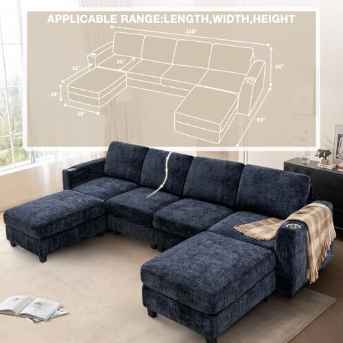 110" Convertible U-Shape Couch with 2 Flexible Ottomans, Blue | Soft Sectional Sofa with Durable Cup Holders, Chenille 4 Seater Sofa with Well-Filled Backrest for Living Room, House - color: Blue, size: 110" U-Shape