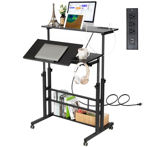Hadulcet Stand Up Desk, Rolling Desk Adjustable Height, Mobile Standing Desk with Wheels & Charging Station, Portable Stand for Laptop, Rolling Computer Cart TV Tray, Small Standing Desk Drawing Table - color: Black, size: 31.5" With Charging Station
