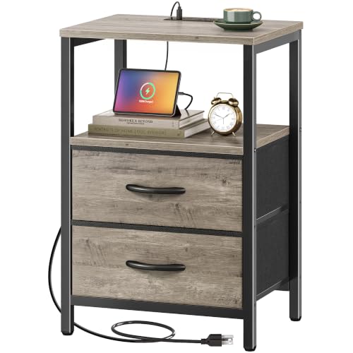 Huuger Nightstand with Charging Station, Side Table with Fabric Drawers | End Table with Open Shelf, Bedside Table with USB Ports and Outlets, Night Stand for Bedroom, Oak - color: Oak, size: 11.8"d X 15.7"w X 23.6"h (2 Drawers)