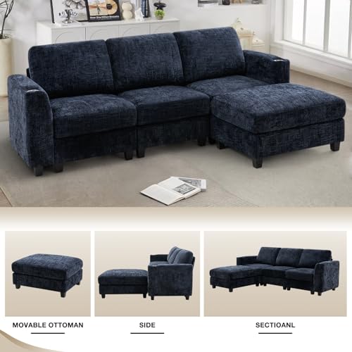 87" Chenille L-Shape Sectional Sofa with Cup Holders, Blue | Convertible 3 Seater Couch with Removable Ottoman, Upholstered Sofa with Thickened Seat Cushion for Living Room, House - color: Blue, size: 87" L-Shape