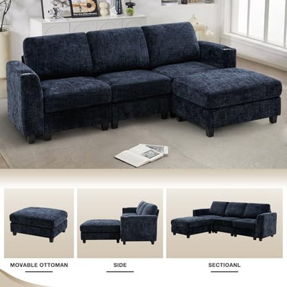 87" Chenille L-Shape Sectional Sofa with Cup Holders, Blue | Convertible 3 Seater Couch with Removable Ottoman, Upholstered Sofa with Thickened Seat Cushion for Living Room, House - color: Blue, size: 87" L-Shape