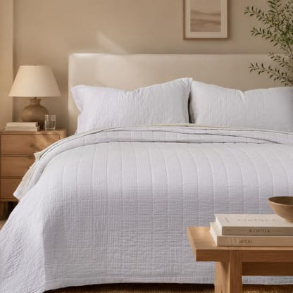 Pre-Washed Cotton Queen Size Quilt Set 90x98 Waffle Textured | Lightweight Breathable Bedspread Coverlet,All Season Bedding Set,Oversized Elegant Design，with 2 Pillow Shams Cream - color: White, size: Queen-90x98