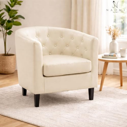 Naomi Home Emma Faux Leather Tufted Barrel Accent Chair - Cream | Solid wood frame, sturdy legs and easy-clean faux leather create lasting comfort for living room, bedroom or office. - color: Cream, style: Barrel