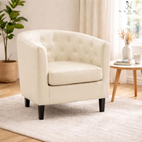 Naomi Home Emma Faux Leather Tufted Barrel Accent Chair - Cream | Solid wood frame, sturdy legs and easy-clean faux leather create lasting comfort for living room, bedroom or office. - color: Cream, style: Barrel