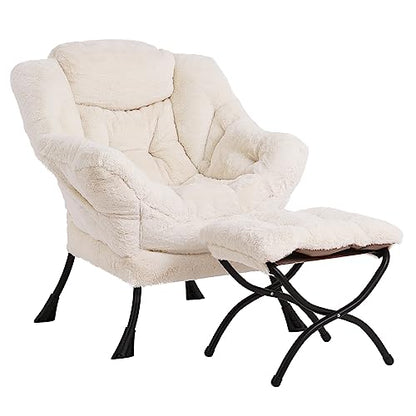 Lazy Chair with Ottoman, Modern Accent Leisure Upholstered Sofa Chair, Lounge Reading Chair with Armrests and a Side Pocket for Living Room, Bedroom & Small Space, Plush Beige | Foldable Footrest,Removable Cover,with Armrests and Side Pockets,Upholstered