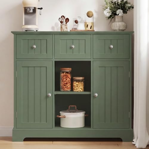 ChooChoo 35.4" Coffee Bar Cabinet with 3 Drawers and 2 Doors, Green | Buffet Cabinet with Adjustable Shelves, Storage Cabinet for Compact Kitchens, Dining rooms and Living rooms - color: Green