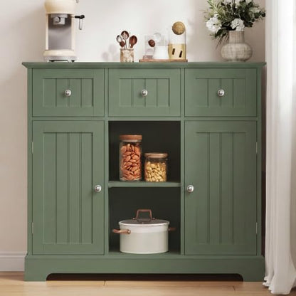 ChooChoo 35.4" Coffee Bar Cabinet with 3 Drawers and 2 Doors, Green | Buffet Cabinet with Adjustable Shelves, Storage Cabinet for Compact Kitchens, Dining rooms and Living rooms - color: Green