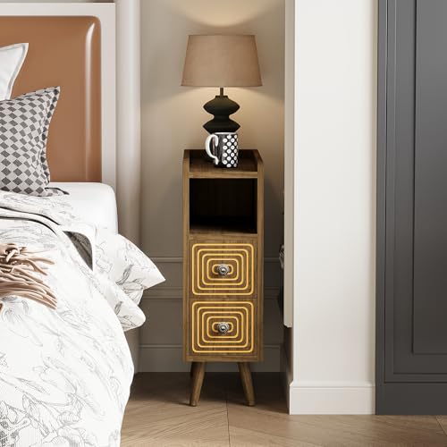 Nightstands Set of 2,Night Stand Bed Side Table with Storage Space,Wooden Bedside Table with Open Shelf,2 Drawers,End Table with Solid Wood Feet for Bedroom,College Dorm,Entryway (Walnut) - color: Walnut