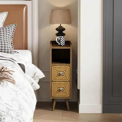 Narrow Nightstands Set of 2, Mid-Century Modern Bedside Table with Carved Drawer and Storage Shelf, Farmhouse Slim Side End Table for Bedroom and Living Room - color: Walnut-narrow Nightstands Set of 2