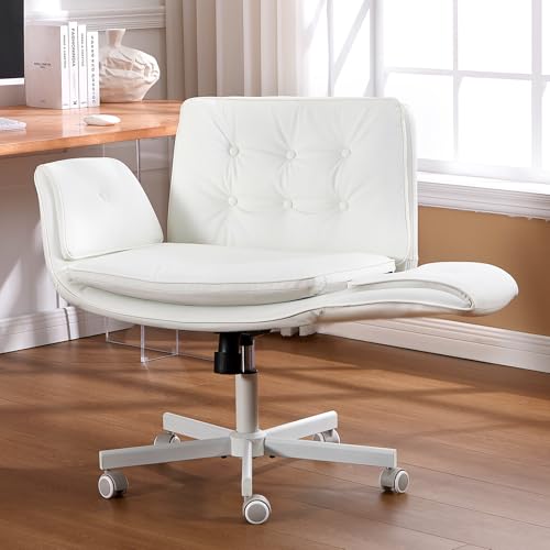 amseatec Criss Cross Office Chair, Swivel Makeup Vanity Chair with Wheels | Wide PU seat supports cross-legged, fidget-friendly sitting; 5-level armrests create pet space; wipe-clean finish eases care - color: White