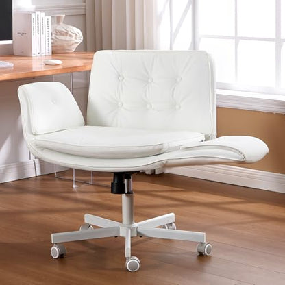 amseatec Criss Cross Office Chair, Swivel Makeup Vanity Chair with Wheels | Wide PU seat supports cross-legged, fidget-friendly sitting; 5-level armrests create pet space; wipe-clean finish eases care - color: White