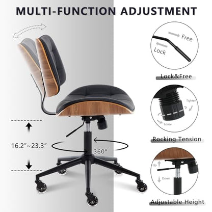 Home Office Desk Chair with Rubber Wheels, Armless Bentwood, Black | Adjustable Height Armless Office Chair, PU Leather Mid Back 360°Small Computer Chair, No Arms Walnut Seating, 300LBS Support - color: Black, size: Standard Style