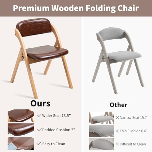 PU Folding Chairs with Padded Seats | Wooden Stackable Foldable Dining Chair Set of 2 Easy to Assemble Extra for Guests Kitchen Office Wedding - color: Wood With Pu, size: 2PCS