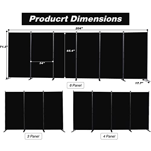 Room Divider, 6 Panel Folding Privacy Screens with Wider Feet, Black | 204" W X 71" H Room Divider Panel, Stable Frame Structure, Flexible Space Separator, Portable wall divider for Room Partition - color: Black, size: 34"- 6 Panel