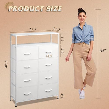 WLIVE 8 Drawer White Fabric Dresser Open Shelves,Tall Storage Tower | White 8-drawer fabric dresser with open shelves, great baby dresser for nursery kids bedroom closet toddler storage - color: White, style: Raised Shelves