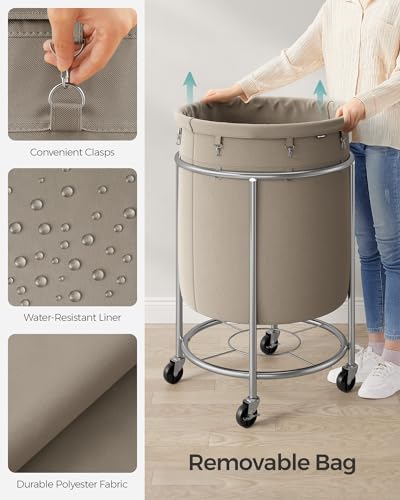 SONGMICS Laundry Basket, Rolling Steel Frame with 2 Locking Wheels, 190 L | Heavy-Duty Laundry Hamper Cart with Removable Bag, Camel Brown and Metallic Silver, URLS001N01 - color: Camel Brown + Metallic Silver, size: 190 L (1-Section)
