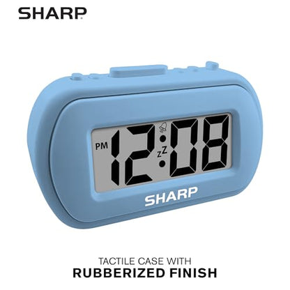 Sharp Battery Alarm Clock with Soft-Touch Case and Backlight, Light Blue | Soft-touch rubberized case; Battery operated; Blue backlight on demand; Ascending alarm; Snooze; Easy to use - color: Blue