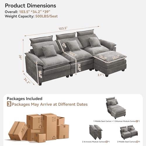 103'' Cloud Modern 3 Seater Couch with Detachable Headrest, Modular Sectional Sofa with Ottoman, Oversized L Shape Chenille Comfy Sofa with Armrests for Living Room, Light Grey - color: Light Grey, size: L Shaped Couch