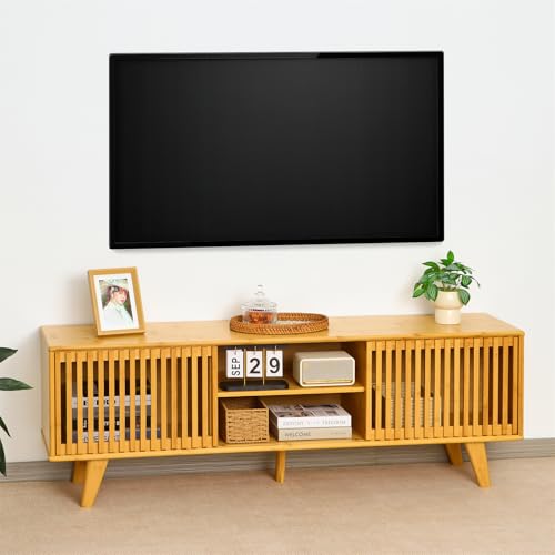 Bamboo TV Stand for TVs up to 65", Accent Entertainment Center with Storage, Media Console Table with Sliding Fence Door, Modern TV Stand for Living Room, Bedroom, 55"(L), Burlywood - color: Burlywood Fence Door