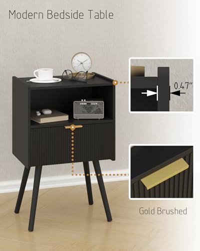 Black Nightstand,Modern Bedside Table with Storage Drawer and Open Wood Shelf, for Living Room, Bedroom and Small Spaces, Accent Night Stand with Solid Wood Legs, Easy Assembly,Classic Black - color: Black