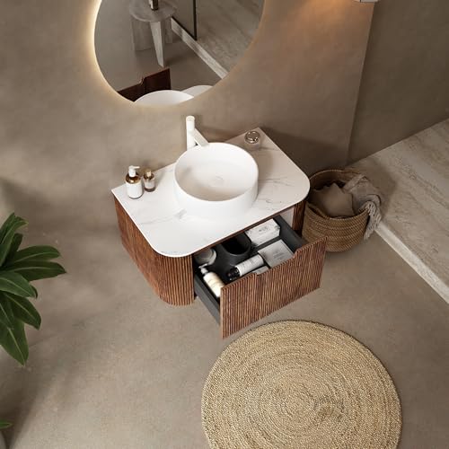 30” Floating Bathroom Vanity with Sink, Fluted Wall-Mounted Solid Wood Cabinet, White Ceramic Round Basin, Faux Marble Top, Soft-Close Drawer, Pre-Assembled, Walnut Woodgrain - color: 04 - Walnut Woodgrain, size: 30"