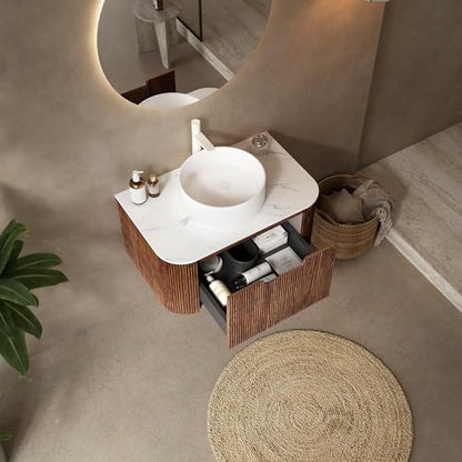 30” Floating Bathroom Vanity with Sink, Fluted Wall-Mounted Solid Wood Cabinet, White Ceramic Round Basin, Faux Marble Top, Soft-Close Drawer, Pre-Assembled, Walnut Woodgrain - color: 04 - Walnut Woodgrain, size: 30"