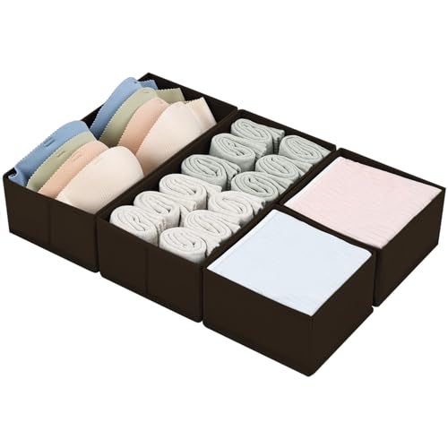 DIMJ Drawer Organizer Clothes, Underwear Drawer Organizer, Set of 4 Foldable Closet Drawer Bins, Fabric Drawer Dividers for Baby Clothes, Socks, Belt, Tie (Brown) - color: Brown, size: 4 Pack