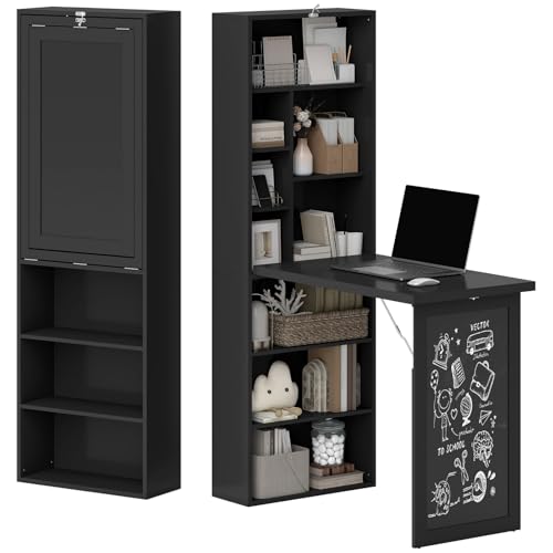 Foldable Wall Mounted Desk with Storage Shelves & Blackboard, Fold-Out Convertible Writing Table for Small Spaces | Space-Saving Floating Computer Desk for Home Office (Black) - color: Black