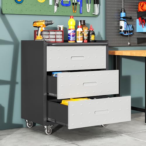 Garage Cabinets,Metal Garage Storage Cabinet with Wheels,Lockable Rolling Tool Cabinet with Drawer and Adjustable Shelves,Heavy Duty Tools Cabinet for Home Office Utility Room,Black/Grey - color: Black/Grey, size: 3 Drawers