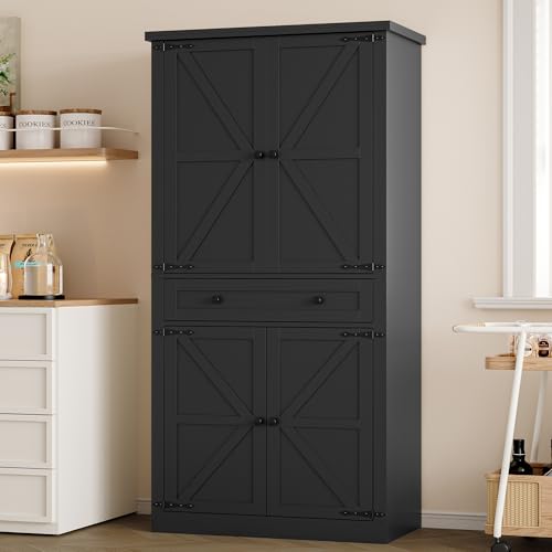 BORNOON Pantry Organizers and Storage Cabinet, 67.7” Barn Door White Kitchen Cabinet with Drawers and Adjustable Shelf, Tall Pantry for Kitchen, Dining Room, Living Room - color: Black, size: Single Drawer