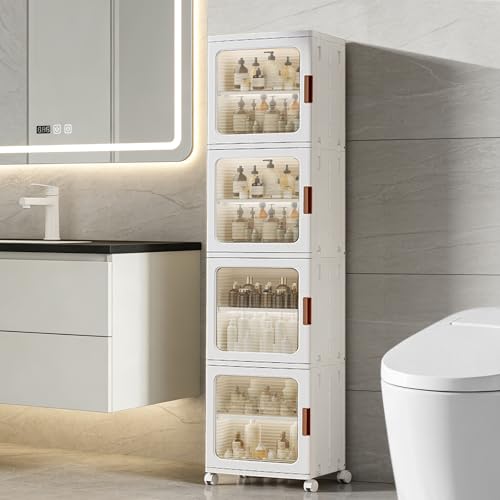 Tall Narrow Storage Cabinet, Plastic Organizer with Wheels, 4-Tier/White | Foldable Slim Cabinet for Bathroom, Kitchen, Laundry and Small Spaces, Adjustable Shelves & Magnetic Doors, Movable Wheels - size: 11.4"D x 14.6"W x 65.4"H