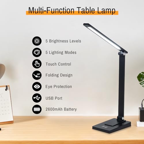 Rechargeable LED Desk Lamp, 800LM 2600mAh Reading Table Lamp | 5 Color Modes 5 Brightness Touch LED Desk Lamps, Bedside Lamp with USB Charging Port for Study Home Office Nail, Black - color: Black