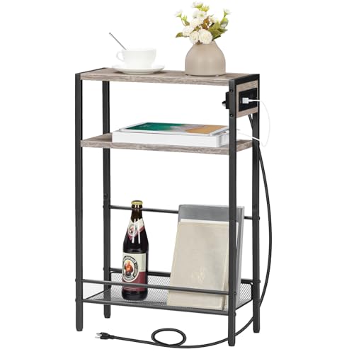 HOOBRO Small Narrow Side Table with Charging Station, Skinny End Table for Small Spaces, Slim Nightstand with USB Ports Outlet, Sofa Beside Table with Storage Shelf, Greige and Black BG102UBZ01 - color: Greige + Black