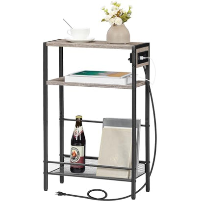 HOOBRO Small Narrow Side Table with Charging Station, Skinny End Table for Small Spaces, Slim Nightstand with USB Ports Outlet, Sofa Beside Table with Storage Shelf, Greige and Black BG102UBZ01 - color: Greige + Black