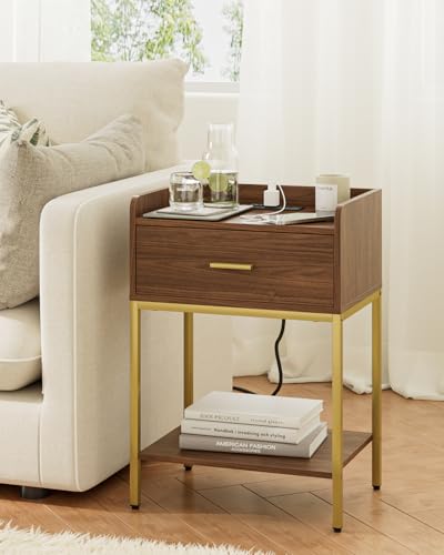 Masupu Nightstand with Charging Station, 3-Tier Modern Bedside Night Stand with Storage Drawer and Shelf, Small End Side Table for Bedroom, Living Room, Walnut - color: Outlet-brwon Walnut