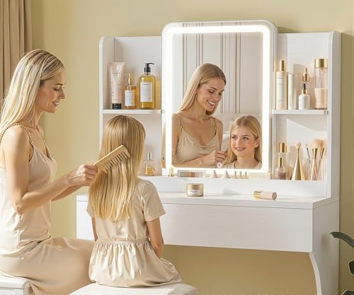 White Small Vanity Desk with Mirror and 3 Adjustable Light Modes | Dimmable Lighting, Multi Storage Area, Quick Assembly, CARB P2 Certified Material - color: White