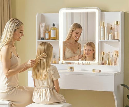 White Small Vanity Desk with Mirror and 3 Adjustable Light Modes | Dimmable Lighting, Multi Storage Area, Quick Assembly, CARB P2 Certified Material - color: White