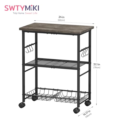 SWTYMIKI Rolling Kitchen Microwave Cart - 3 Tier Microwave Table Stand with Storage Basket and Hooks, Kitchen Utility Cart on Wheels, Coffee Cart Shelf Rack Organizer for Living Room Office, Balcony - color: Grey