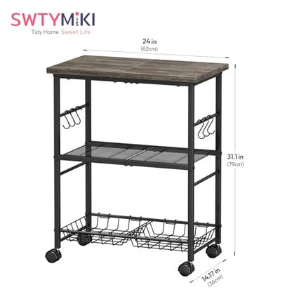SWTYMIKI Rolling Kitchen Microwave Cart - 3 Tier Microwave Table Stand with Storage Basket and Hooks, Kitchen Utility Cart on Wheels, Coffee Cart Shelf Rack Organizer for Living Room Office, Balcony - color: Grey