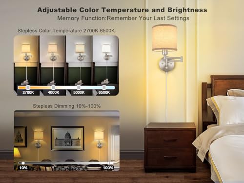 Plug in Wall Sconces with Remote Control, Dimming & Adjustable Colors 2700K-6500K, Hardwire or Plug-in, Swing Arm Wall Lamp with Linen Fabric Shade, Wall Sconces Set of Two, Brushed Nickel Finish - color: Brushed Nickel & Linen