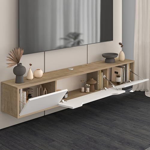 Atelier Mobili Floating TV Stand for Up to 80 Inch TVs – Wall Mounted Media Console with Handle-Free Doors – Modern Entertainment Center with Hidden Storage – White and Oak Finishes (Oak/White) - color: Oak / White