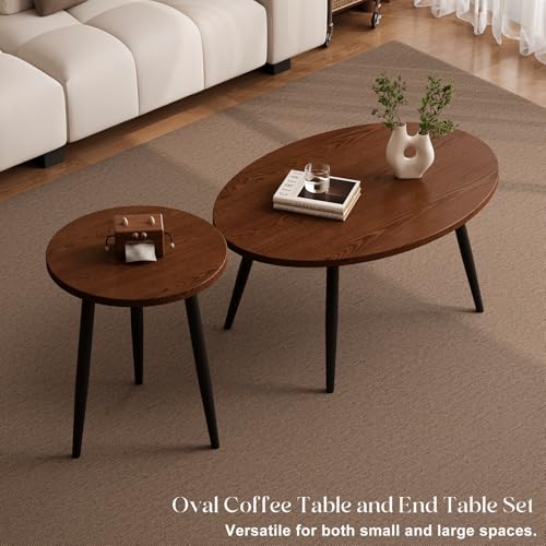 2 Pcs Small Oval Coffee Table,31.5" Retro Walnut Coffee Tables Nesting Tables Set,Easy Assembly Mid Century Modern Coffee Tables for Living Room Office,Coffee Table and End Table Sets - color: Oval-walnut