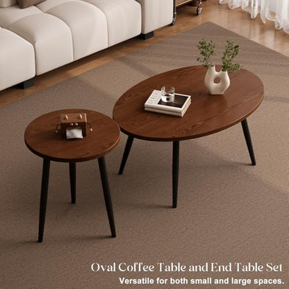 2 Pcs Small Oval Coffee Table,31.5" Retro Walnut Coffee Tables Nesting Tables Set,Easy Assembly Mid Century Modern Coffee Tables for Living Room Office,Coffee Table and End Table Sets - color: Oval-walnut